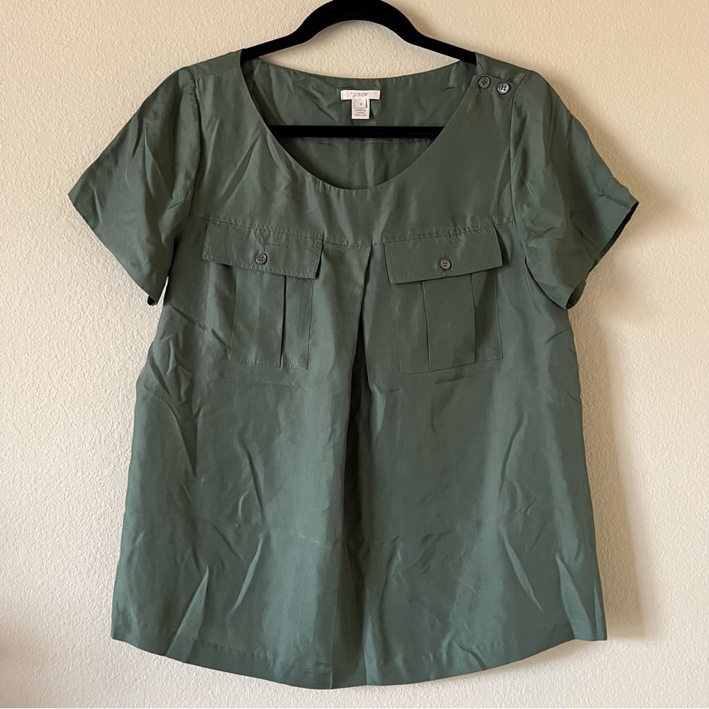 J Crew Short Sleeve Army Green Olive Green 100% Silk Shirt Top, size 4